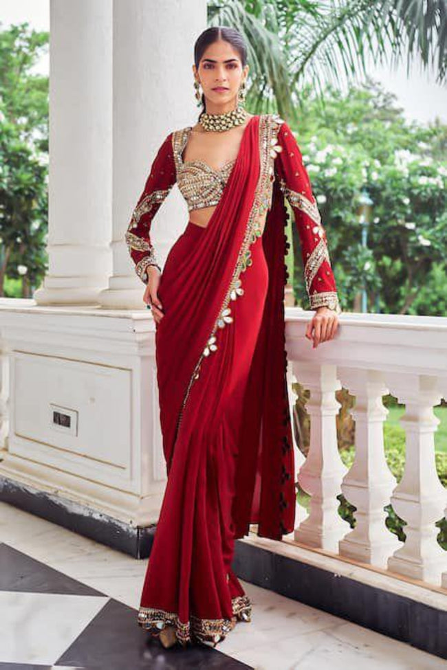 Red Faux Georgette Ready-to-Wear Real Mirror Work Saree with Attached Pallu Main Image