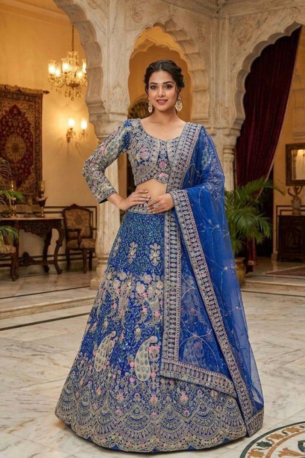 Royal blue butterfly net lehenga with coding sequins embroidery for wedding and party wear