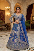 Royal blue butterfly net lehenga with coding sequins embroidery for wedding and party wear