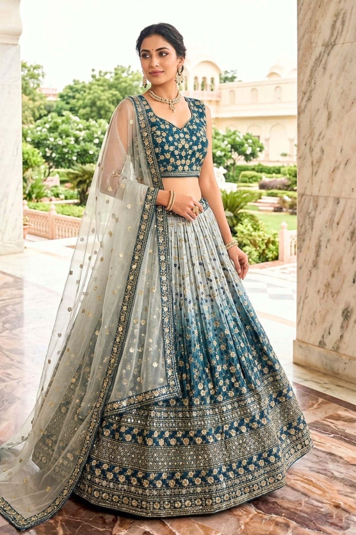 Semi-Stitched Embroidered Sequins Silk Blend Lehenga