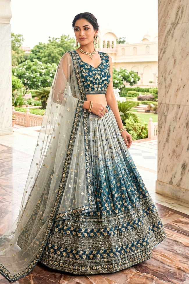 Semi-Stitched Embroidered Sequins Silk Blend Lehenga Hover Image