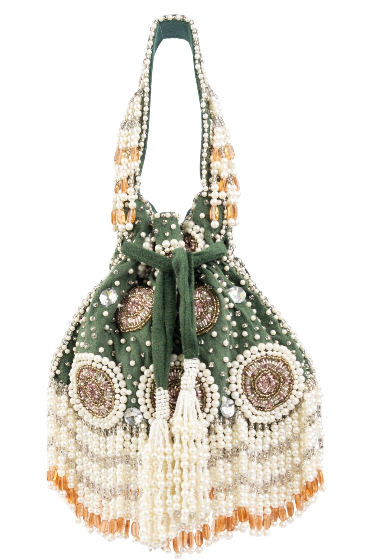 Emerald Green Velvet Pearl & Cut Dana Work Potli Bag