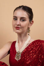 Ivory Pearl Multi-Layer Bridal Choker Necklace Set with Antique Pendant & Earrings