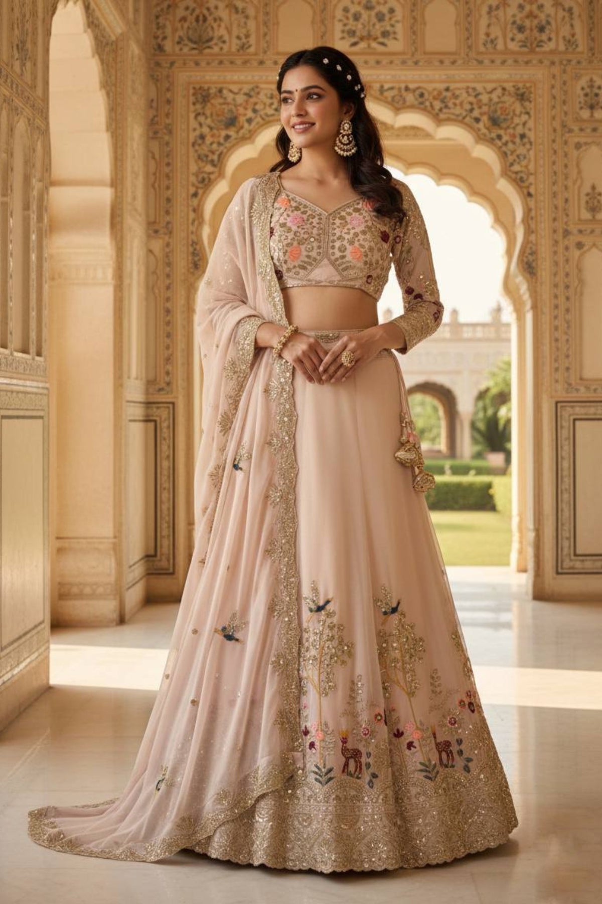 Beige flared faux georgette embroidered lehenga set for wedding and party wear