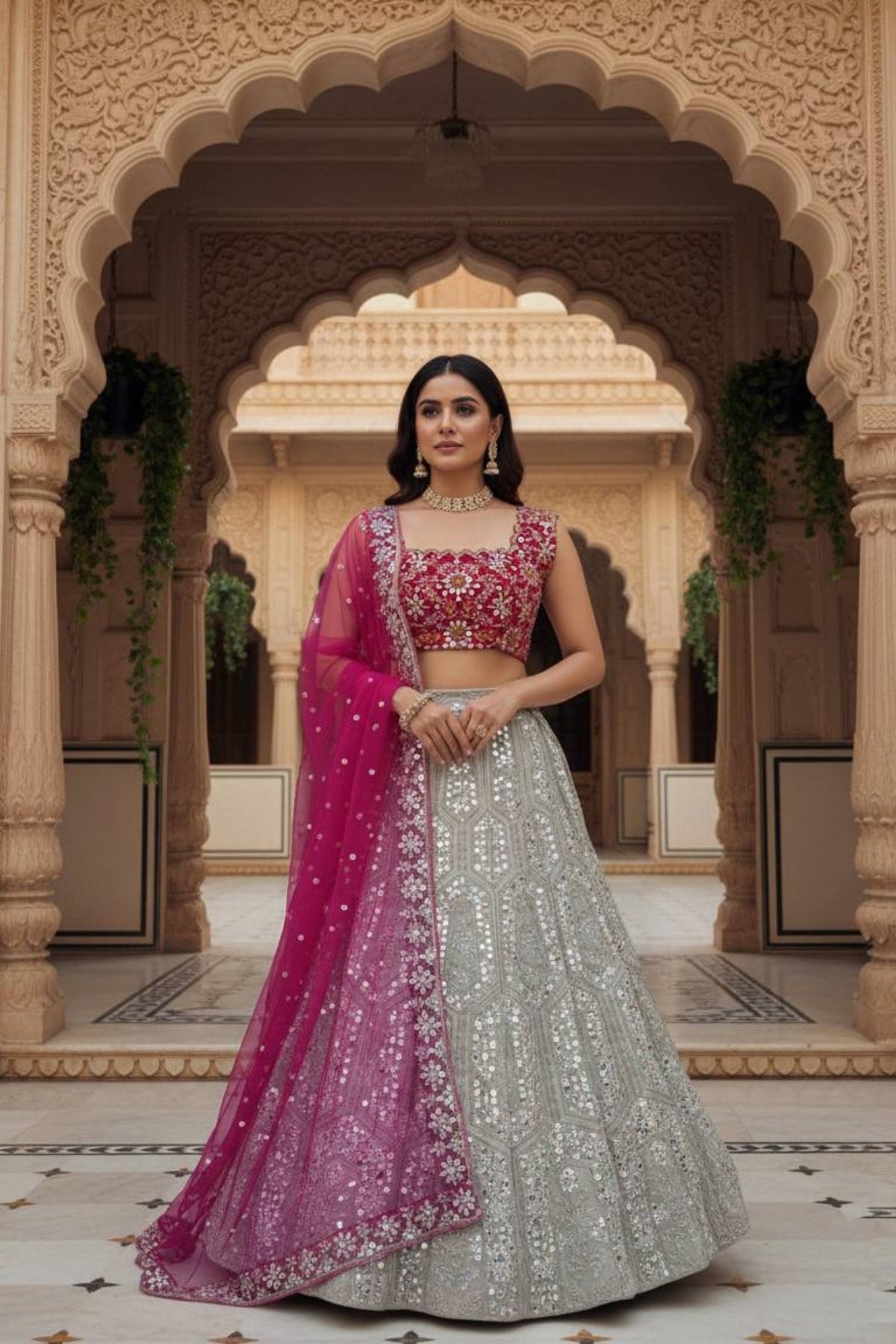 Elegant faux georgette flared lehenga with sequins embroidery, can-can layers and dupatta for wedding and festive wear