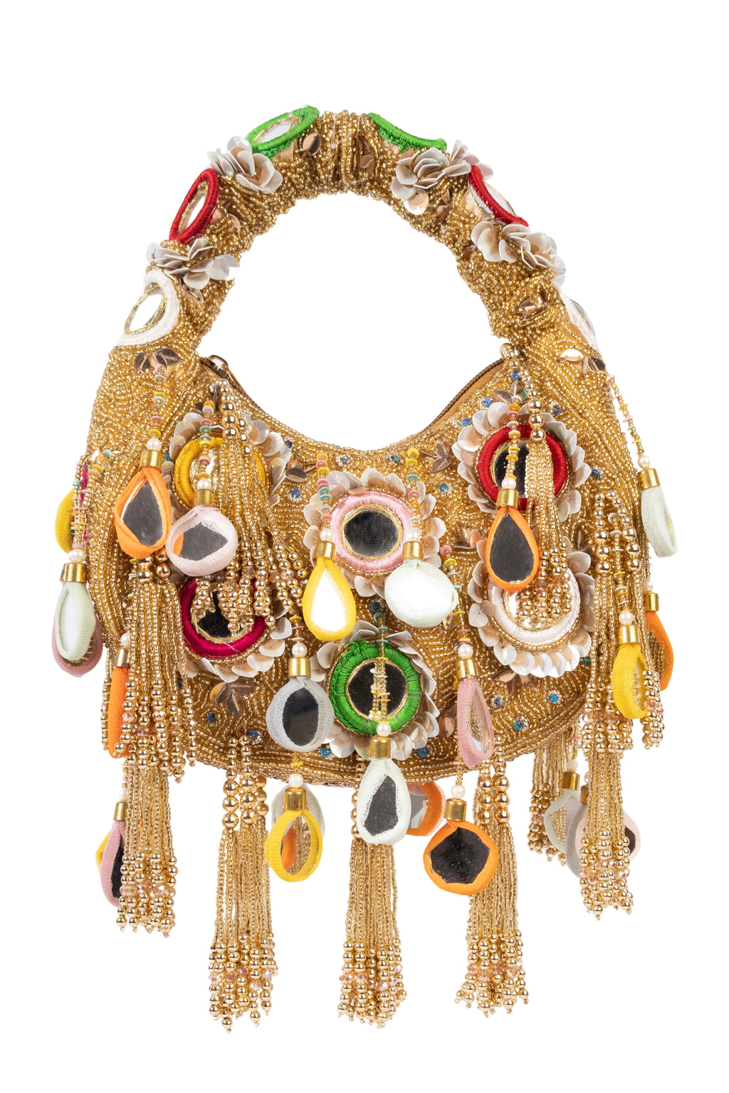 Eeth Gold Mirror Clutch Bag with Beads and Pearl Work