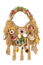 Eeth Gold Mirror Clutch Bag with Beads and Pearl Work