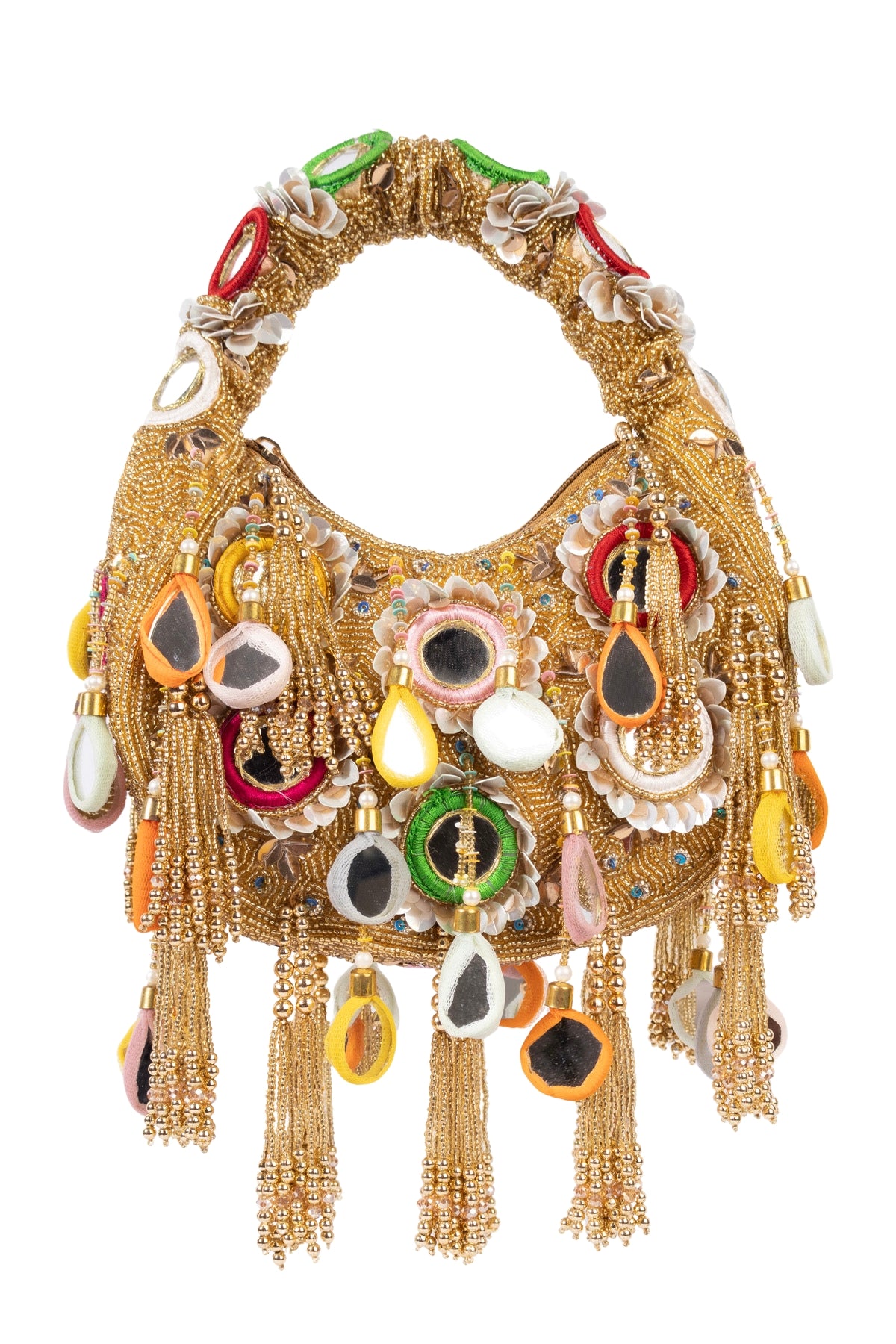 Eeth Gold Mirror Clutch Bag with Beads and Pearl Work