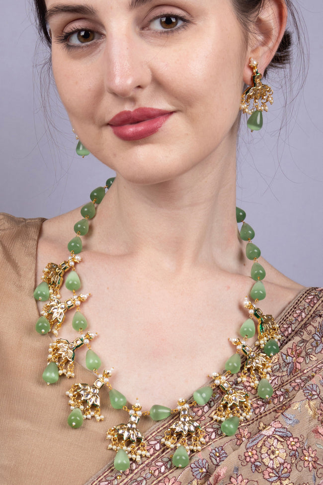 Elegant Green Stone Statement Necklace Set with Earrings Premium Ethnic Jewellery Main Image