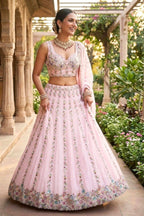 Semi-Stitched Pink Georgette Real Mirror, Sequins Embroidered Lehenga
