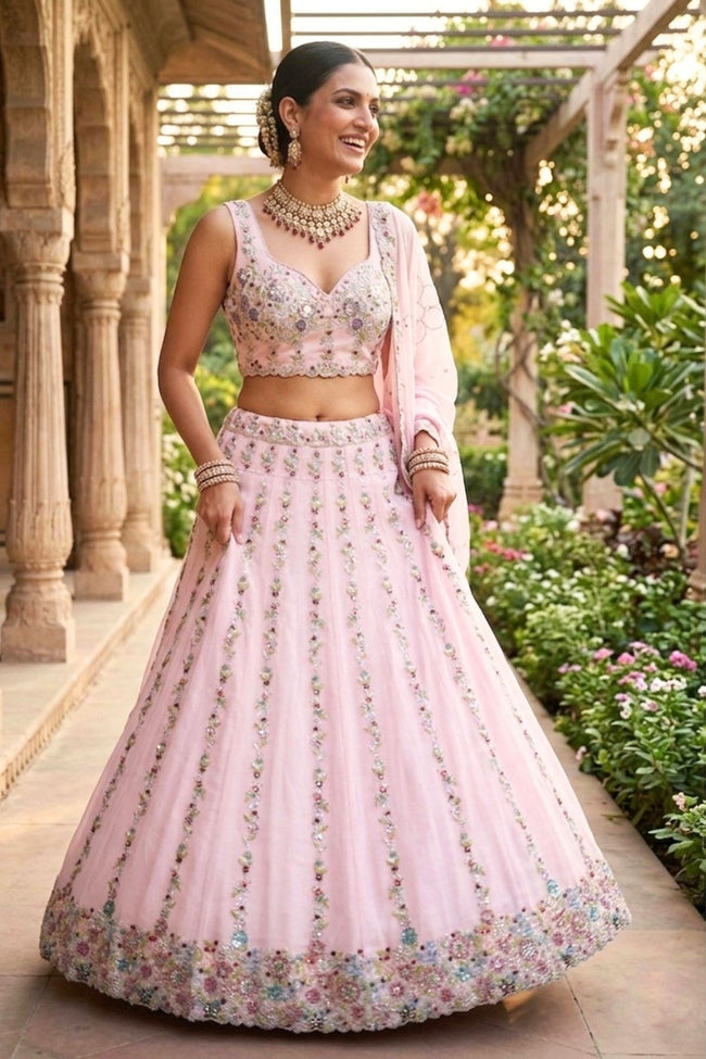 Semi-Stitched Pink Georgette Real Mirror, Sequins Embroidered Lehenga Main Image