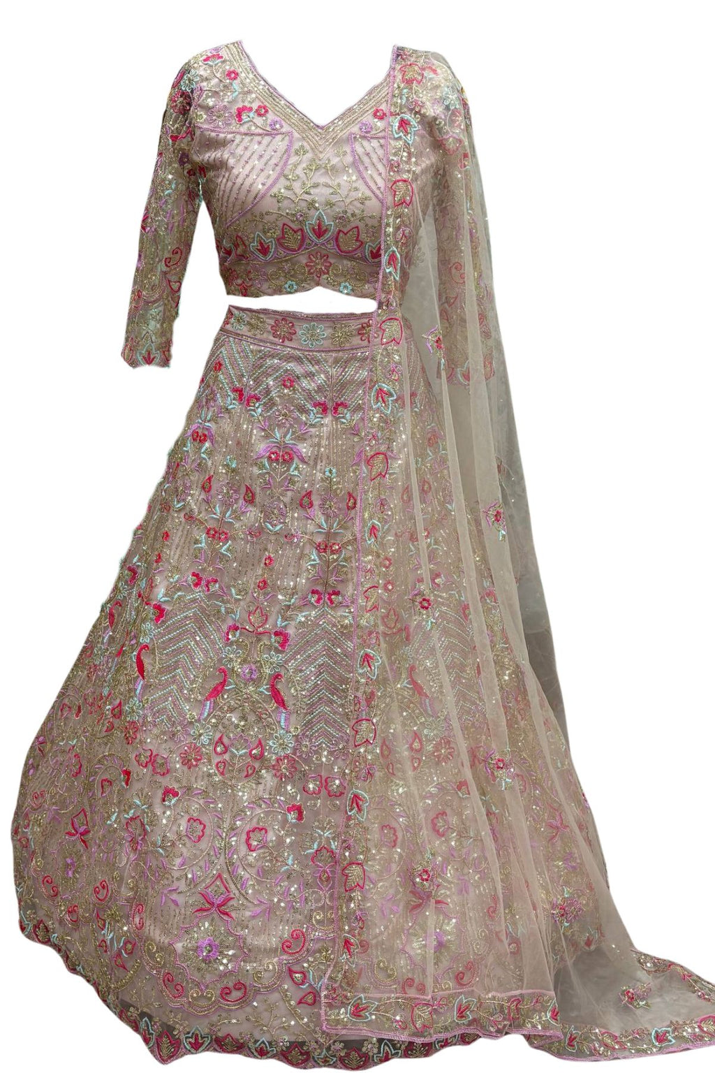 Champagne flared butterfly net embroidered lehenga set for wedding and party wear