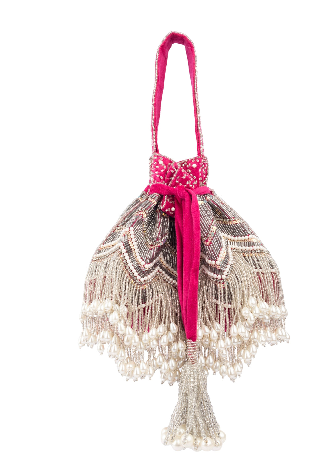 Rani Pink Velvet Cutdana & Pearl Embellished Potli Bag