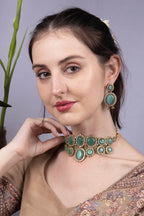 Green Stone Statement Gold-Plated Choker Necklace Set with Earrings