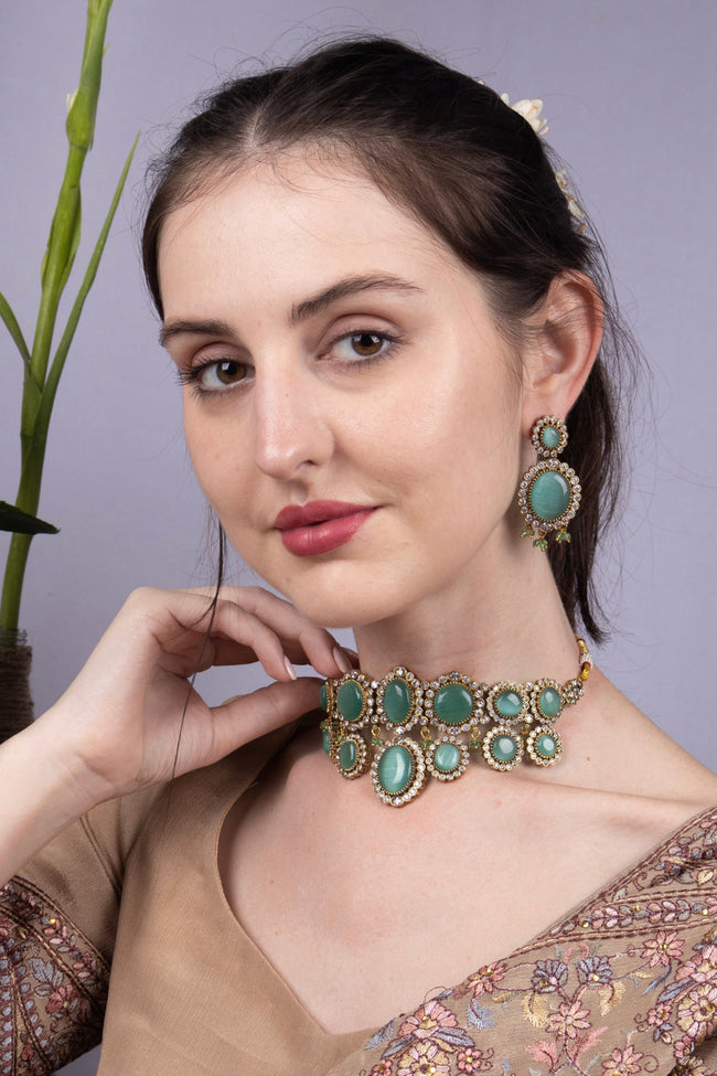 Green Stone Statement Gold-Plated Choker Necklace Set with Earrings Main Image