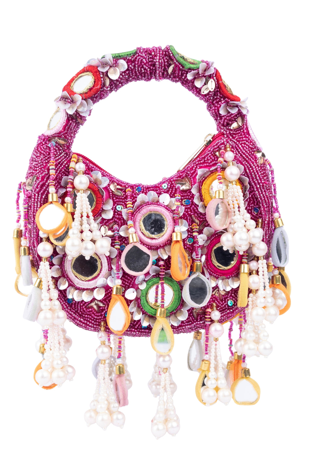 Eeth Pink Mirror Clutch Bagwith Beads and Pearl Work
