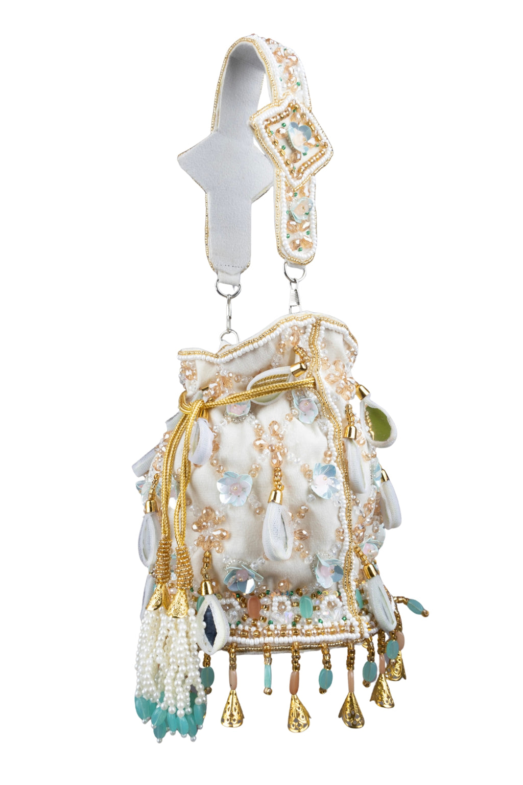 Ivory Velvet Potli Bag with MirrorSequin & Crystal Work