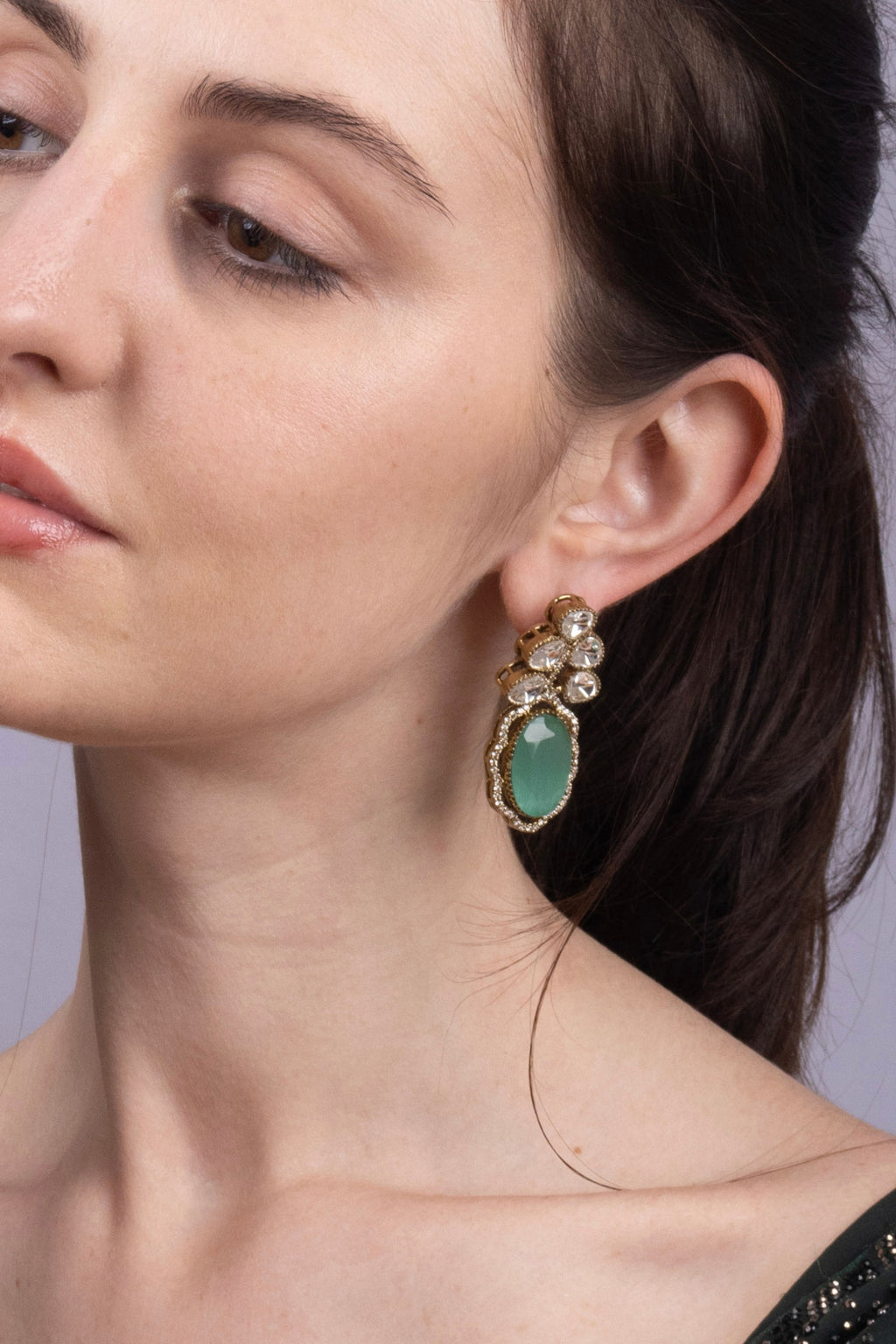 Green Stone Kundan Gold-Plated Statement Earrings
