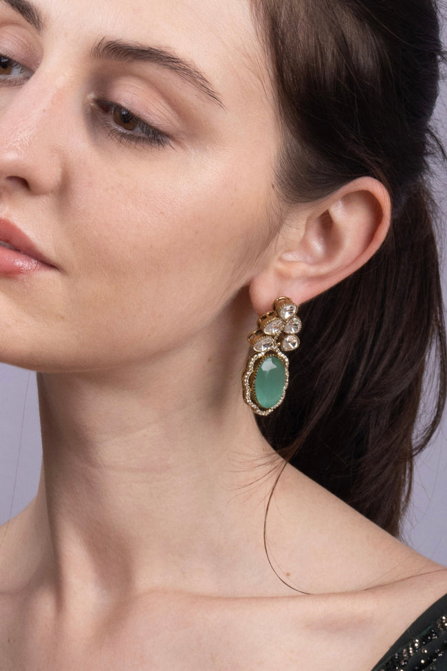 Green Stone Kundan Gold-Plated Statement Earrings Hover Image