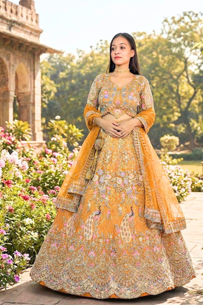Yellow Sequins Work Butterfly Net Lehenga Set for Wedding, Haldi & Festive Wear | EETH Hover Image