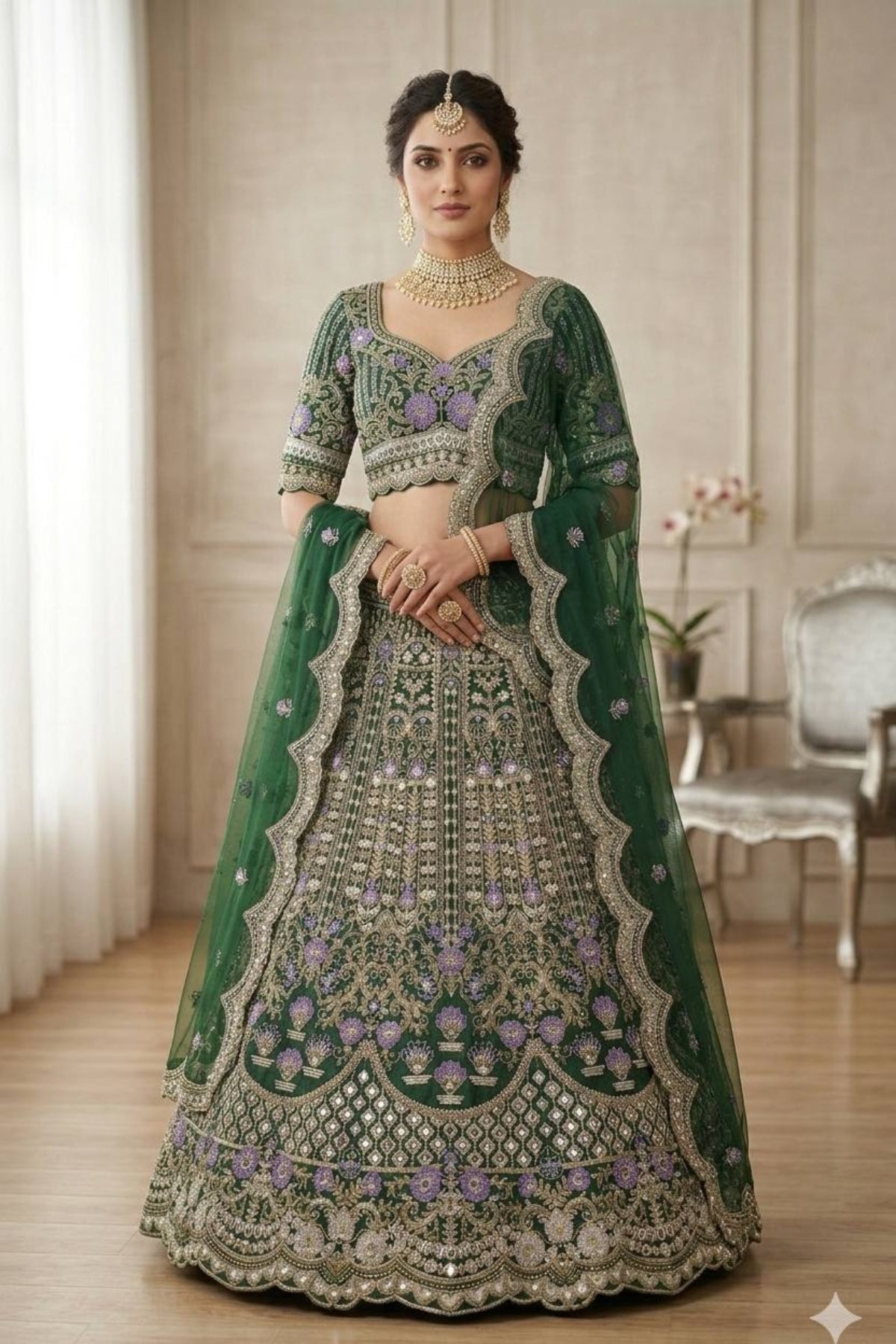 Flared mono satin silk lehenga with sequins cut work can-can layers blouse and dupatta for wedding and festive wear