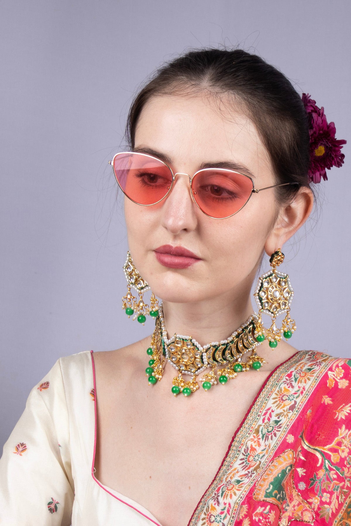 Green Beaded Kundan Gold-Plated Choker Set with Earrings