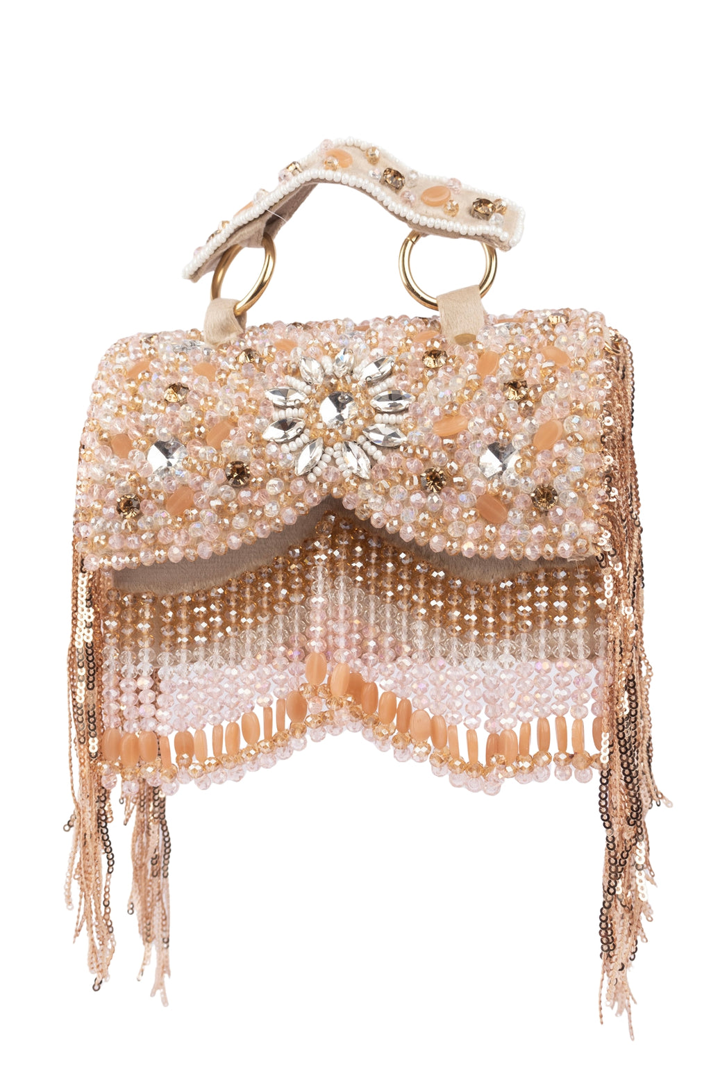 Beige Hand Embellished Clutch Bag with Crystal Work