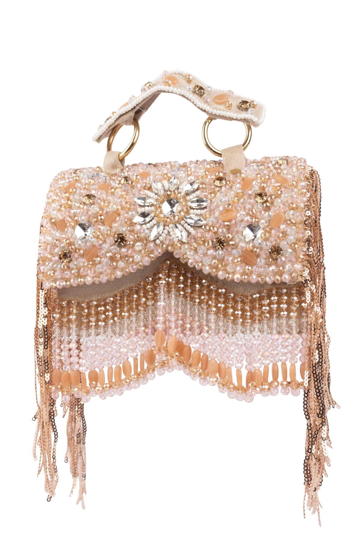 Beige Hand Embellished Clutch Bag with Crystal Work