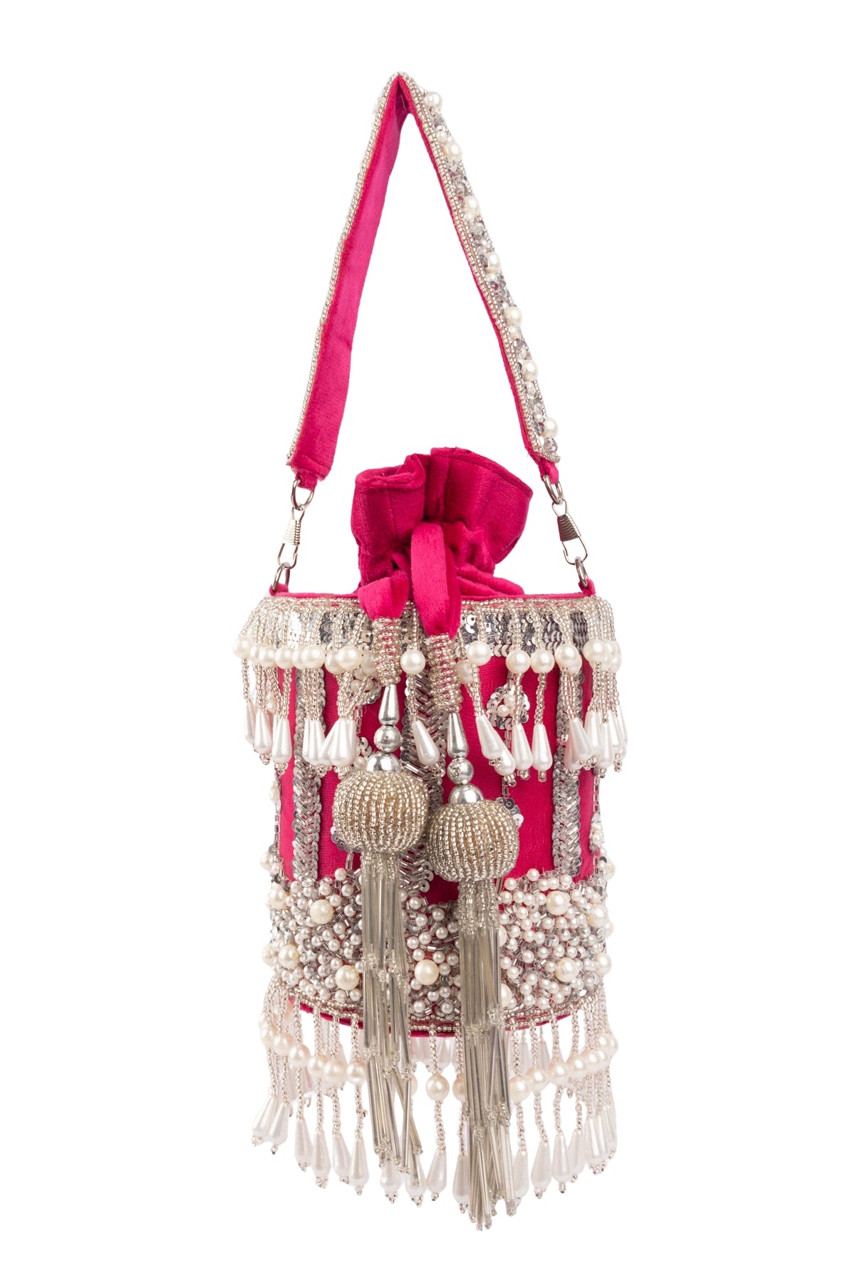 Rani Pink Net Cutdana & Pearl Embellished Potli Bag