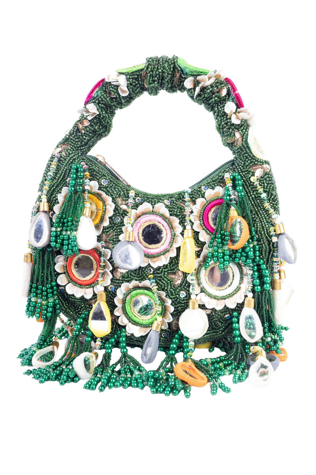 Eeth Green Mirror Clutch Bag with Beads and Pearl Work