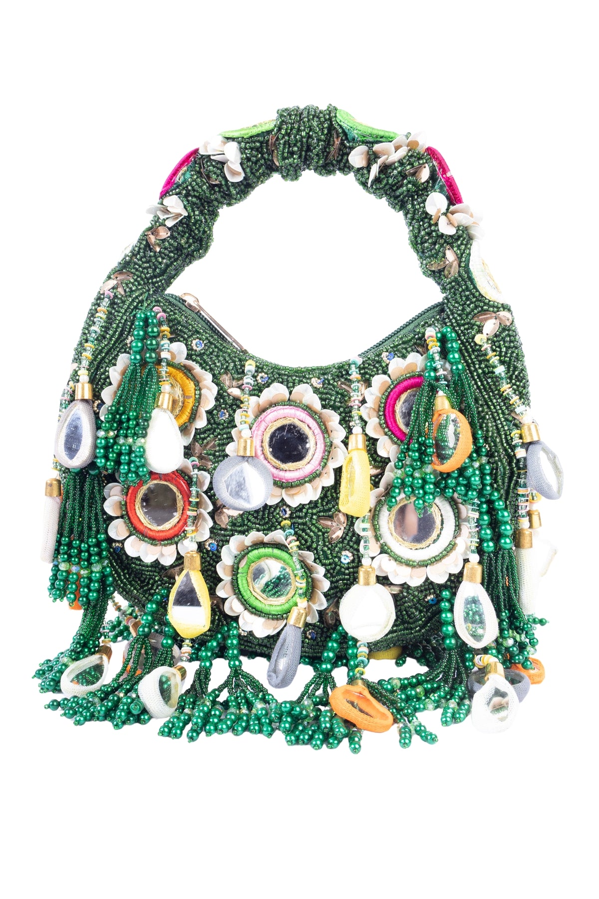 Eeth Green Mirror Clutch Bag with Beads and Pearl Work