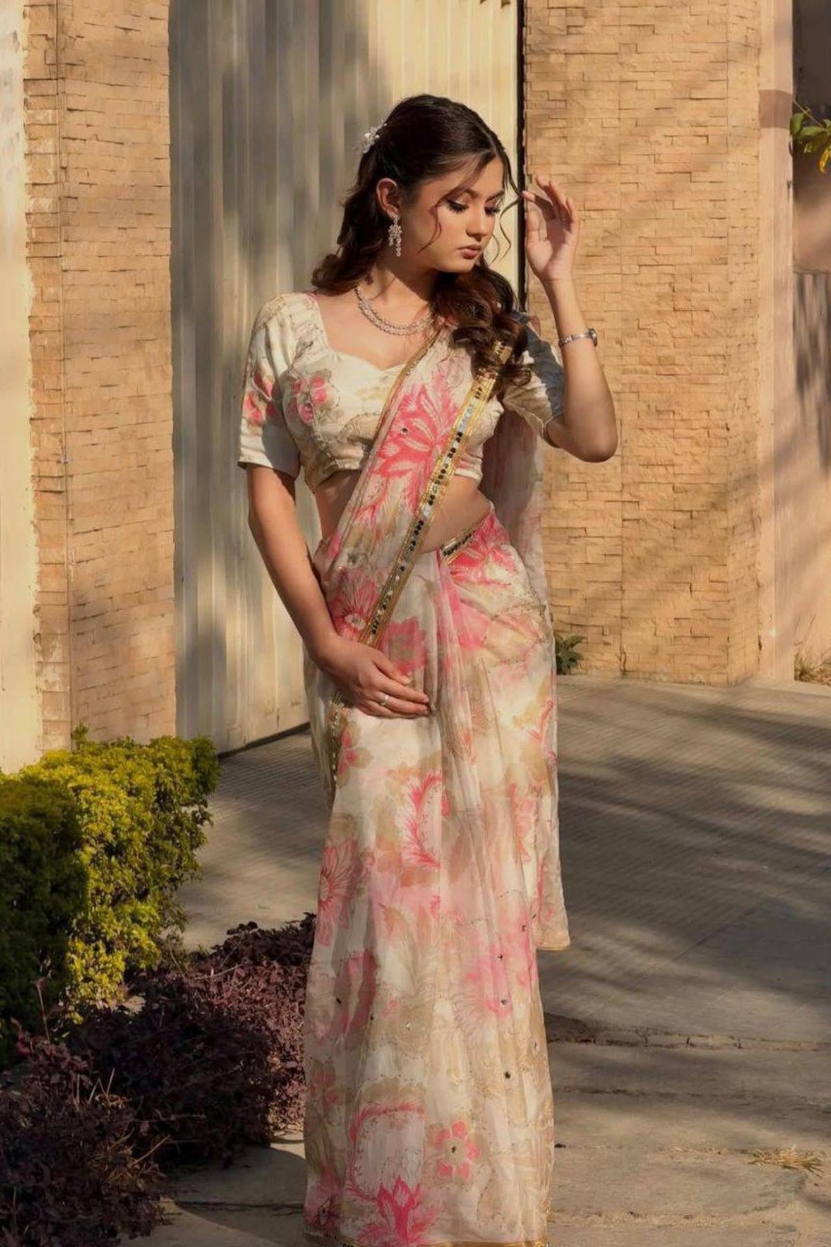 Elegant off white floral tabby silk saree with sequin work for wedding and festive occasions
