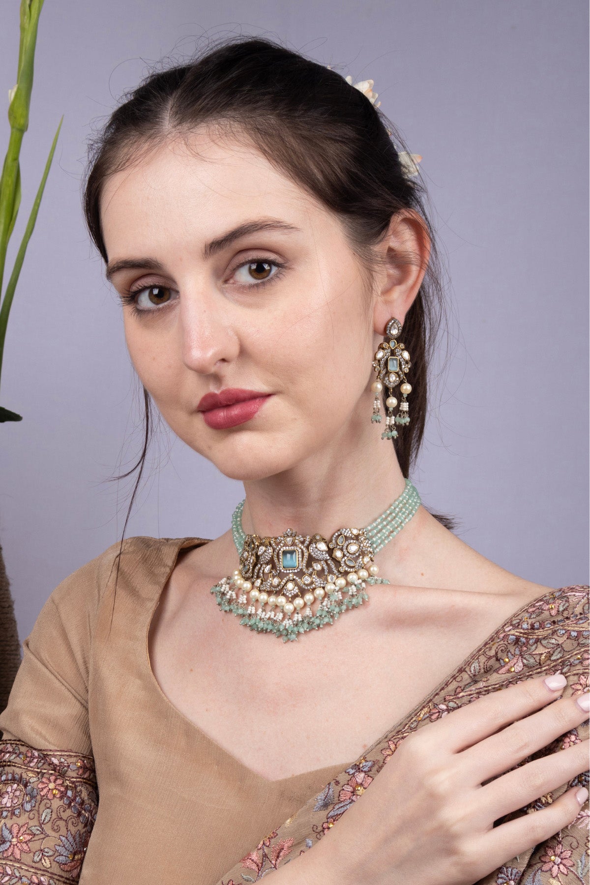 Mint Green Kundan Choker Necklace Set with Earrings Premium Ethnic Jewellery