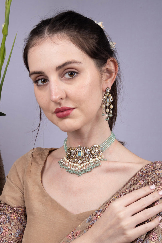 Mint Green Kundan Choker Necklace Set with Earrings Premium Ethnic Jewellery Hover Image