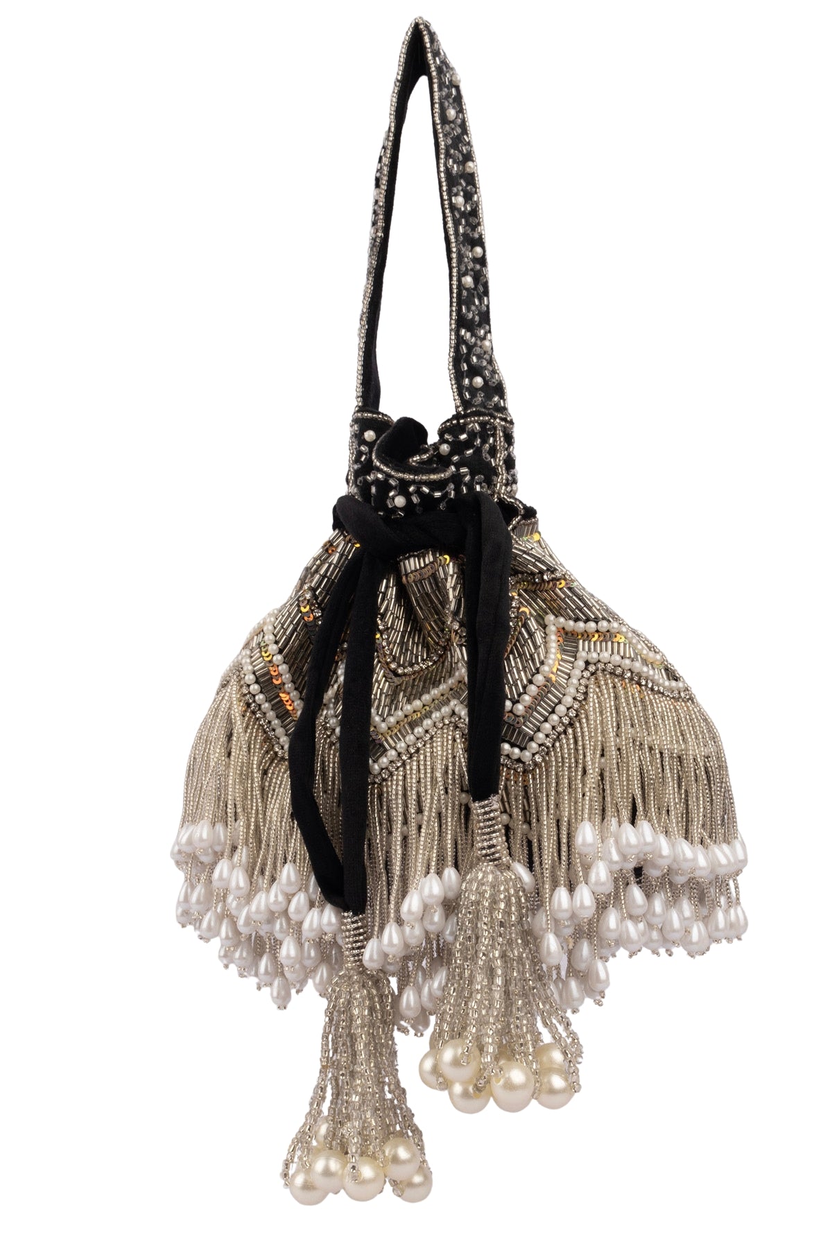 Black Velvet Cutdana & Pearl Embellished Potli Bag