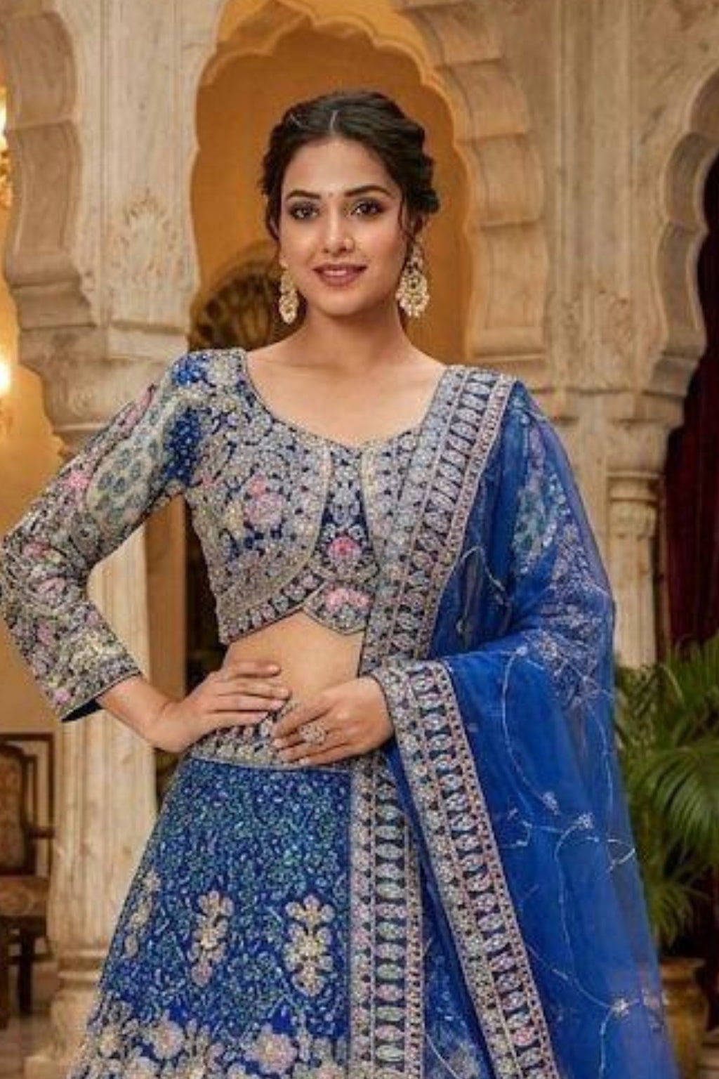 Royal blue butterfly net lehenga with coding sequins embroidery for wedding and party wear