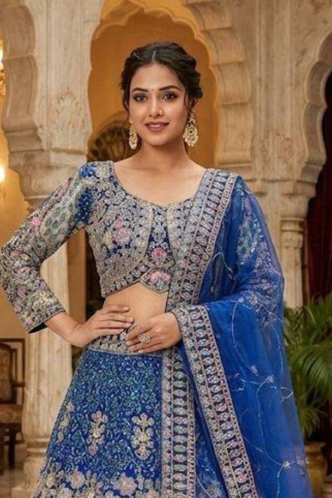 Royal Blue Coding Sequins Work Butterfly Net Lehenga Set Main Image