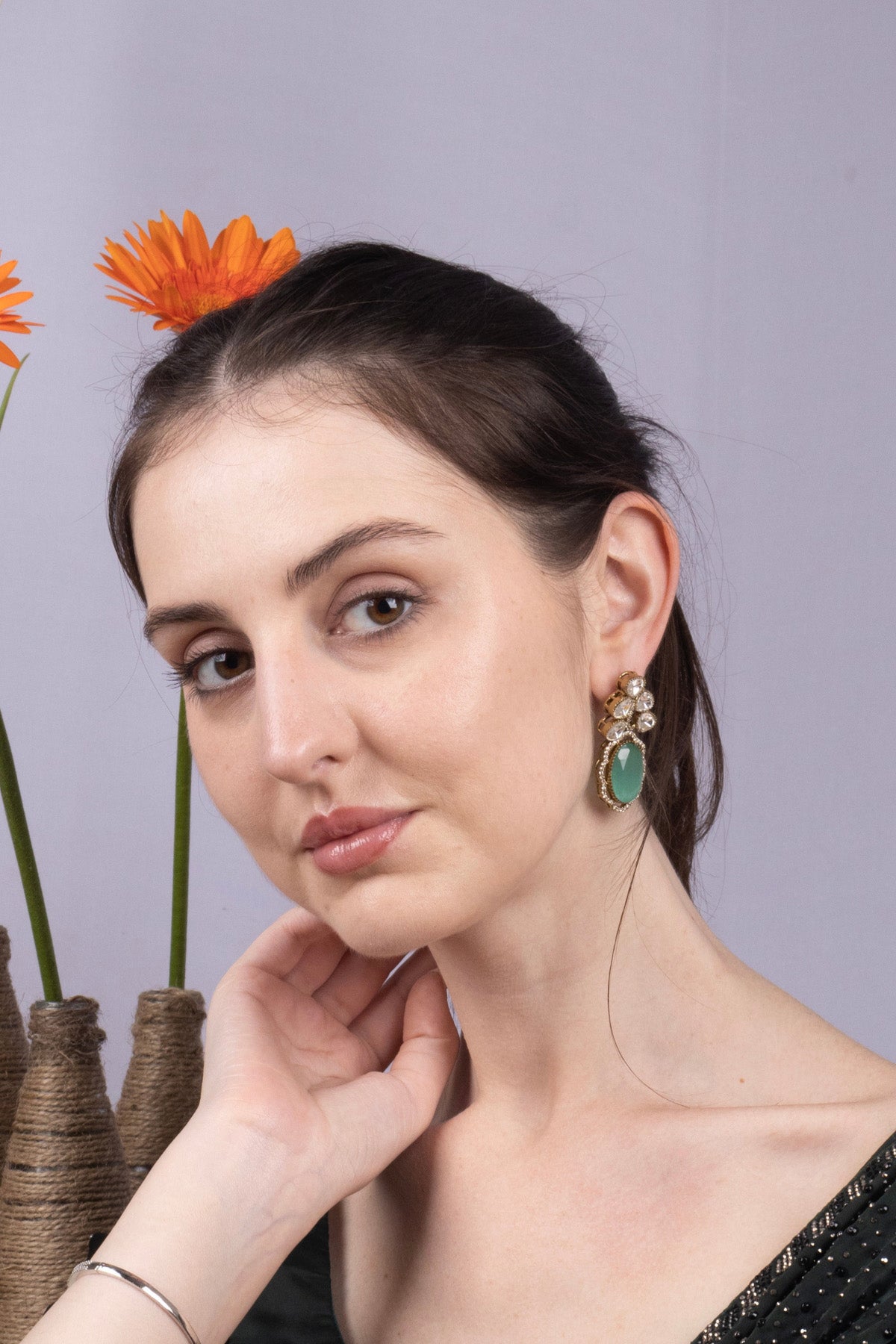 Green Stone Kundan Gold-Plated Statement Earrings