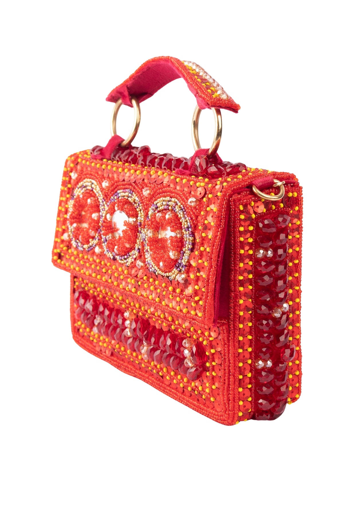 Red Hand Embellished Clutch Bag with Cutdana Sequins & Crystal Work