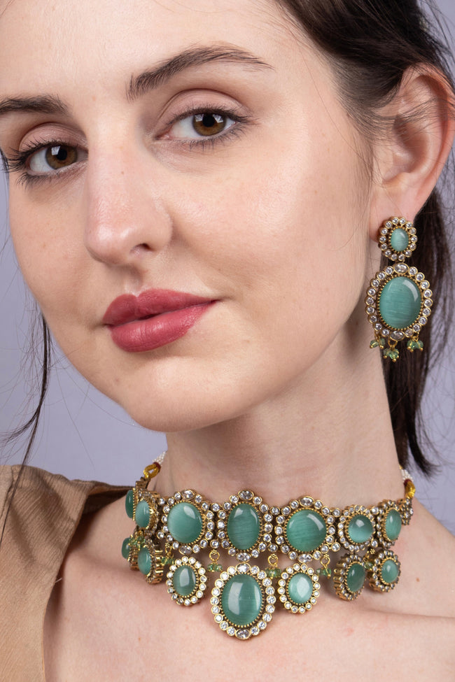 Green Stone Statement Gold-Plated Choker Necklace Set with Earrings Hover Image