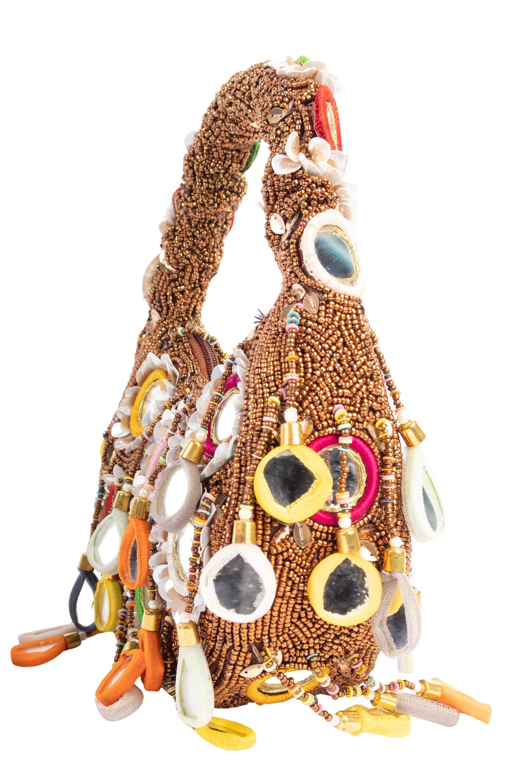 Eeth Brown Mirror Clutch Bag with Beads and Pearl Work