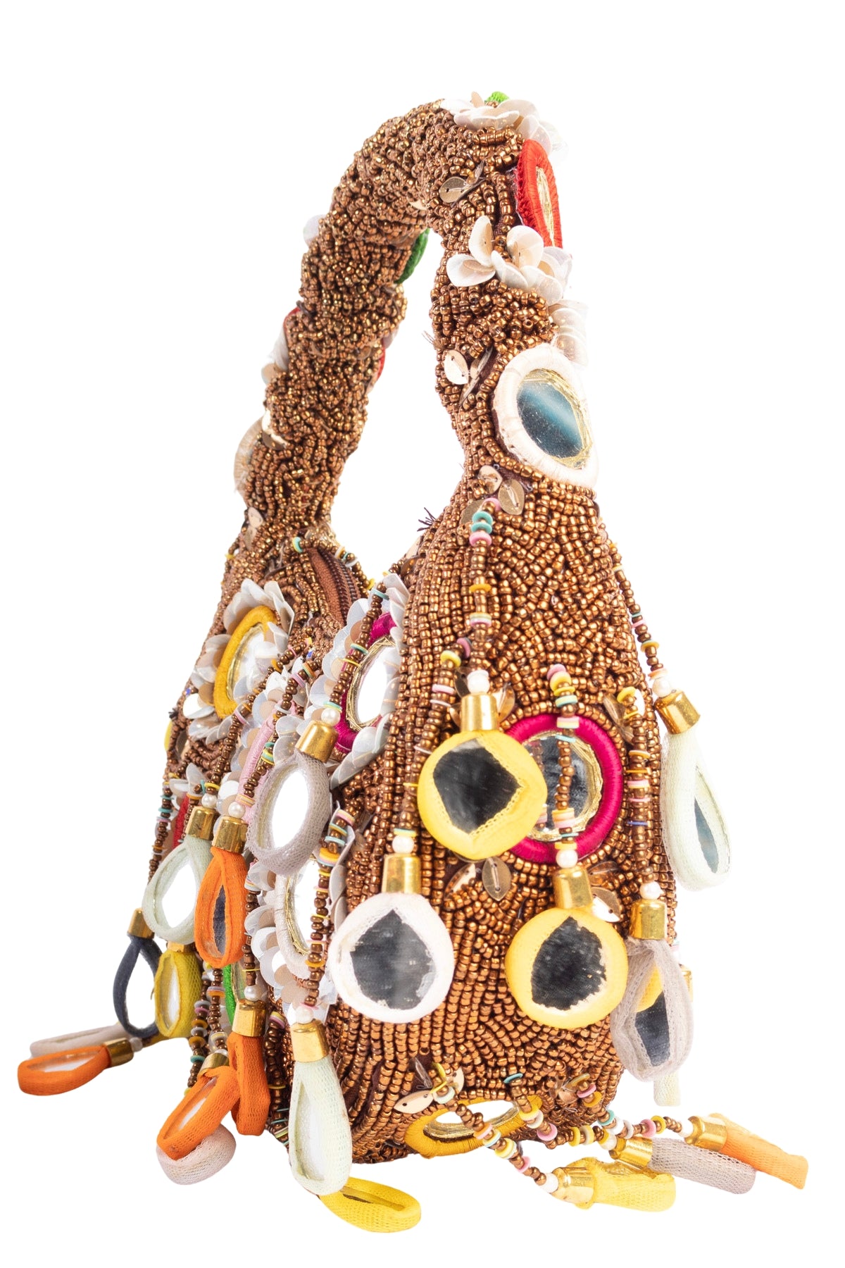 Eeth Brown Mirror Clutch Bag with Beads and Pearl Work