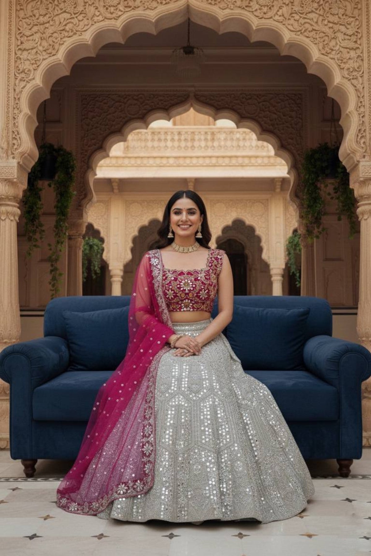 Elegant faux georgette flared lehenga with sequins embroidery, can-can layers and dupatta for wedding and festive wear