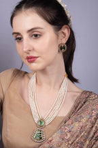 Green Stone Pearl Multi-Layer Necklace Set with Pendant Earrings