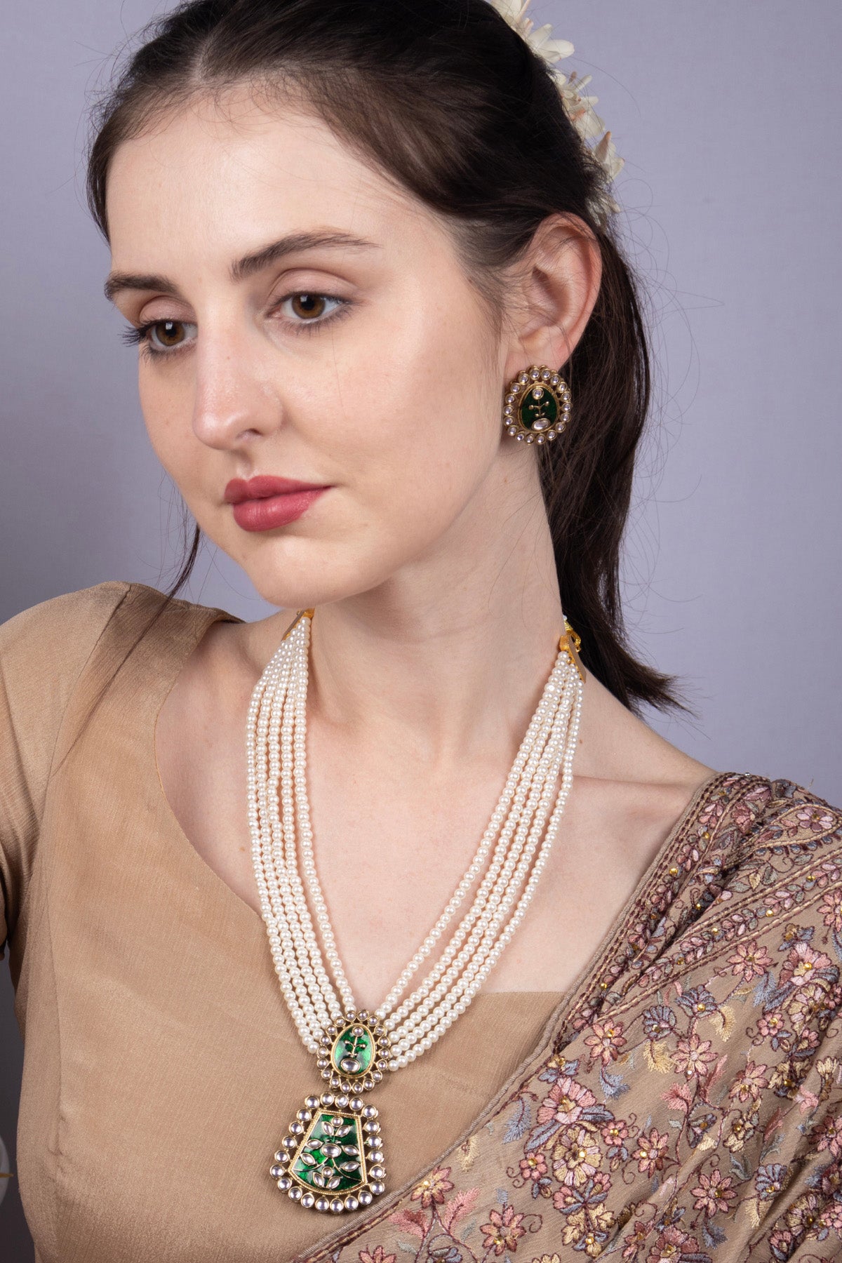 Green Stone Pearl Multi-Layer Necklace Set with Pendant Earrings
