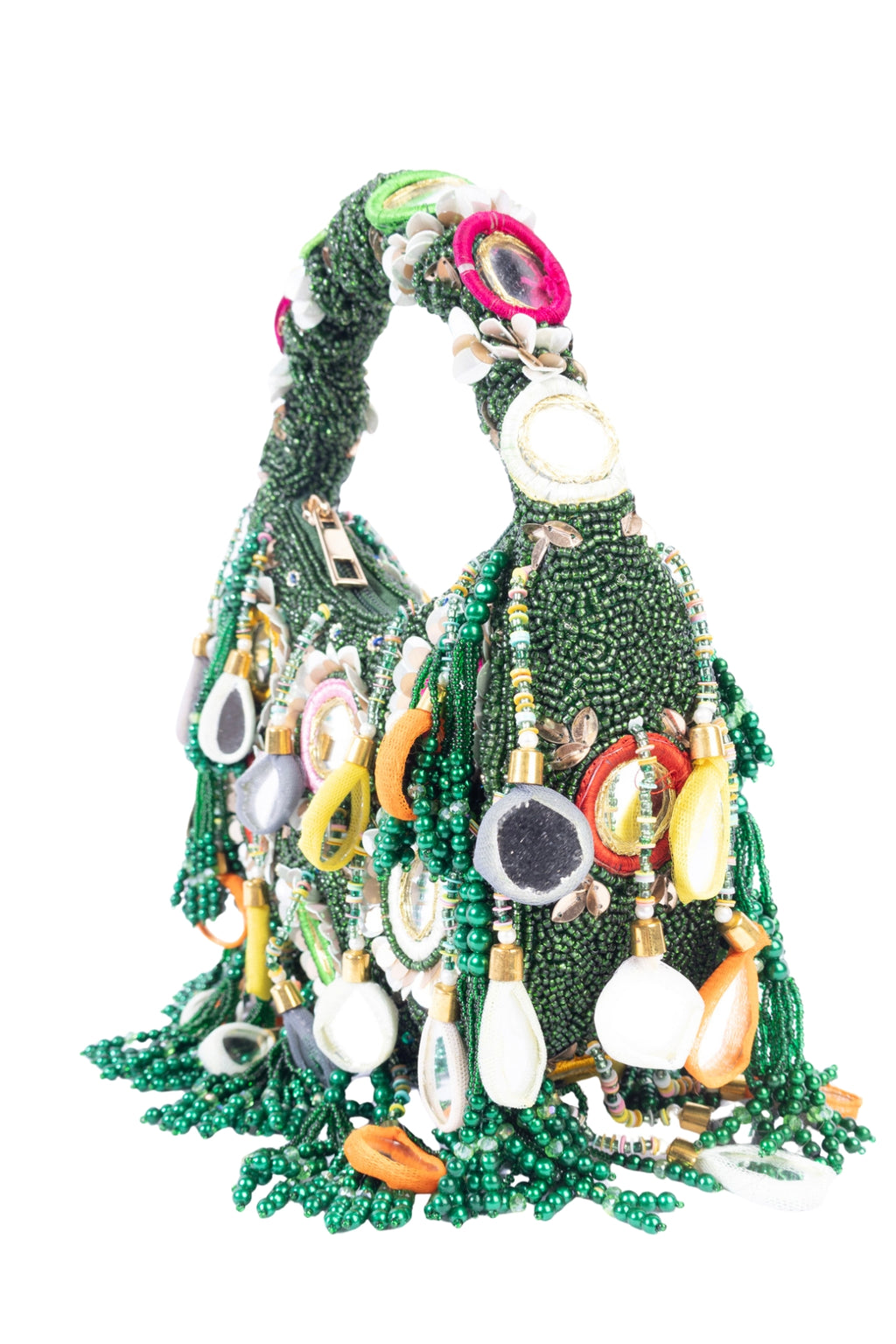 Eeth Green Mirror Clutch Bag with Beads and Pearl Work