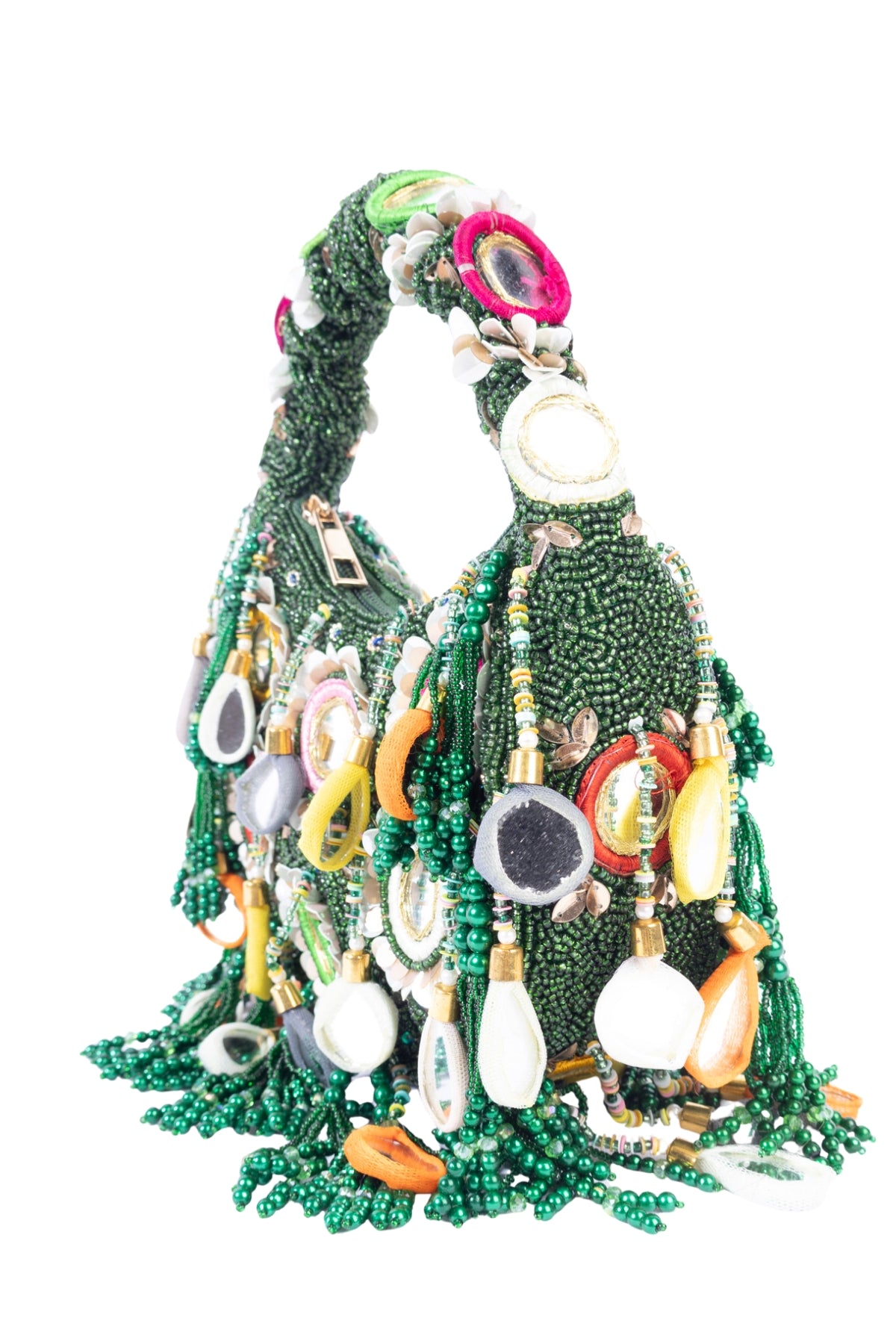 Eeth Green Mirror Clutch Bag with Beads and Pearl Work