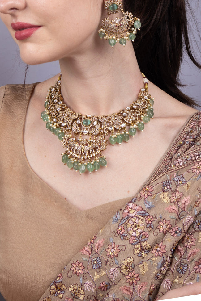 Green Stone Kundan Bridal Necklace Set Hover Image