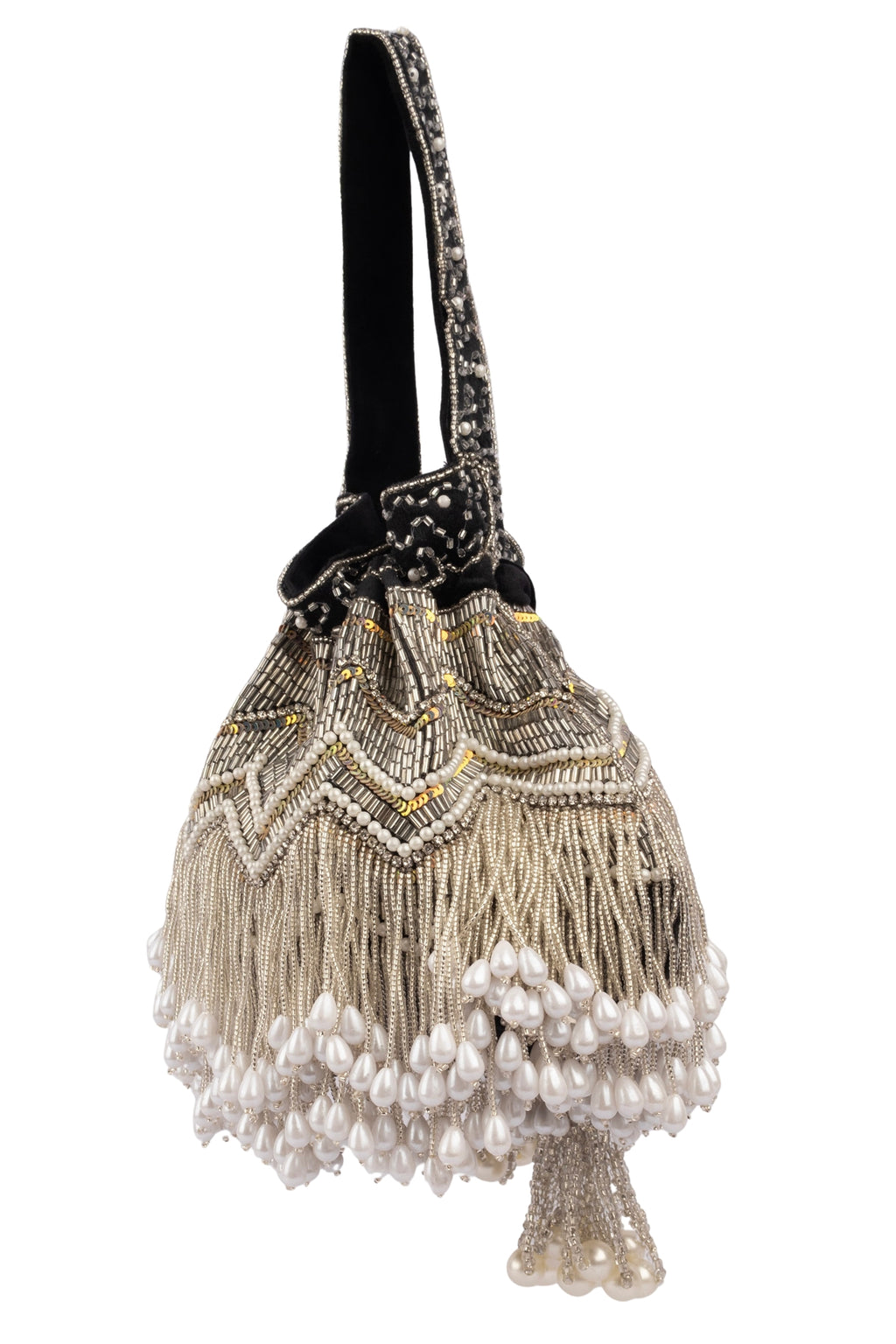 Black Velvet Cutdana & Pearl Embellished Potli Bag