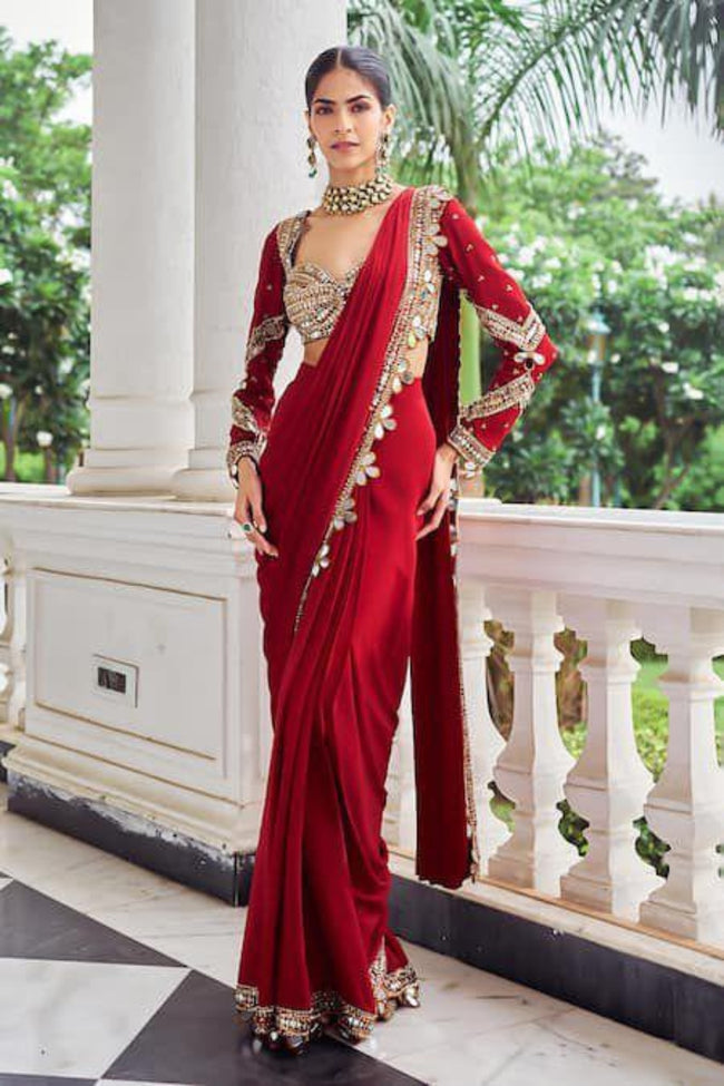 Elegant ready-to-wear faux georgette saree with real mirror work and attached pallu for wedding and festive wear Hover Image